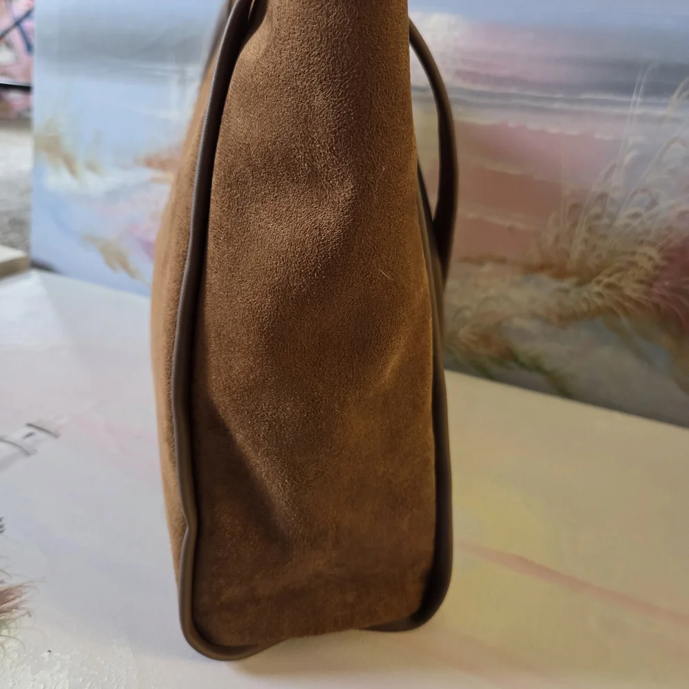 Brown Suede Tote Bag with Logo Accent - Picture 10 of 10
